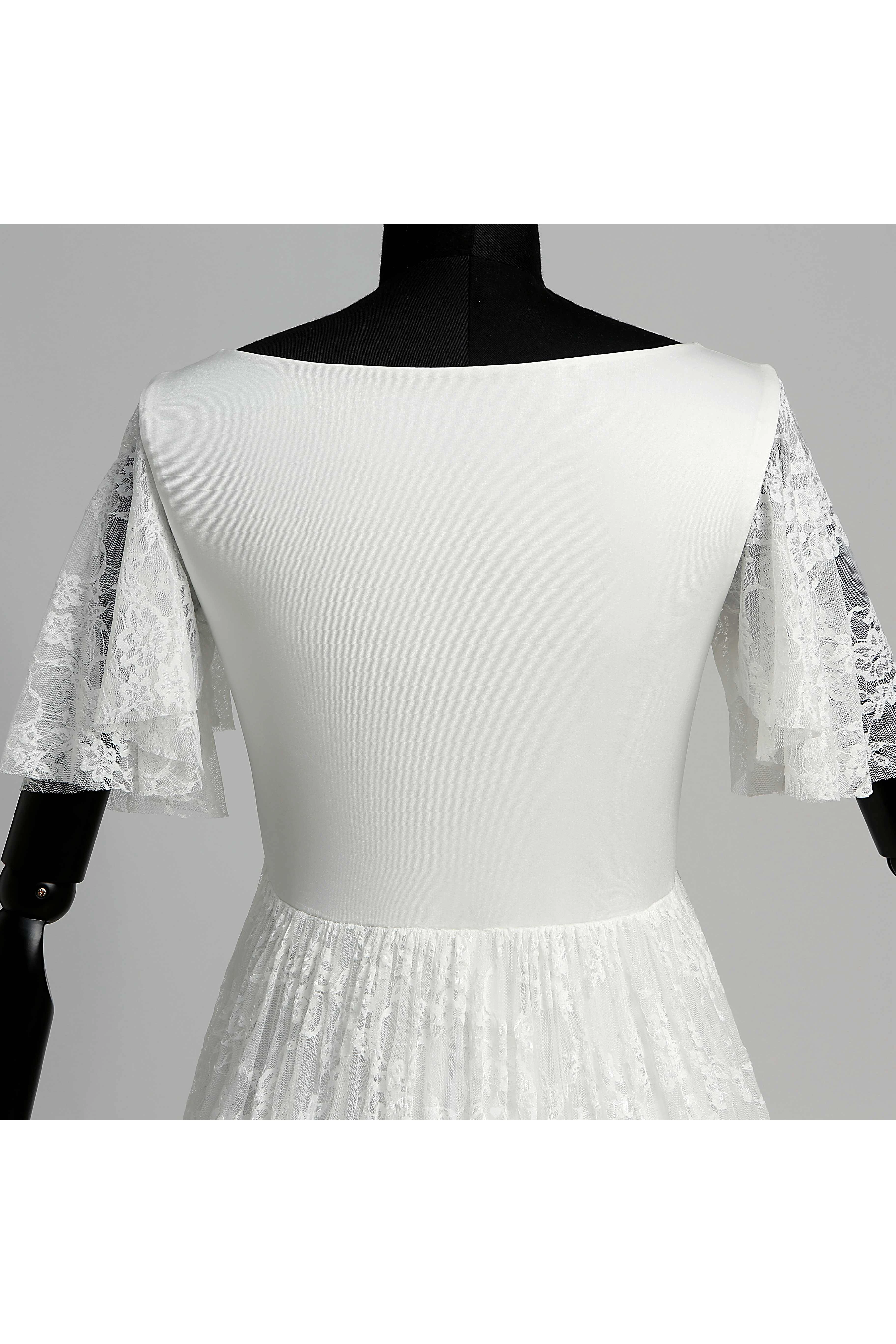 Floor-length Sweep/Brush Train A-line Scoop Illusion Short Sleeve Satin Lace Weeding Dress