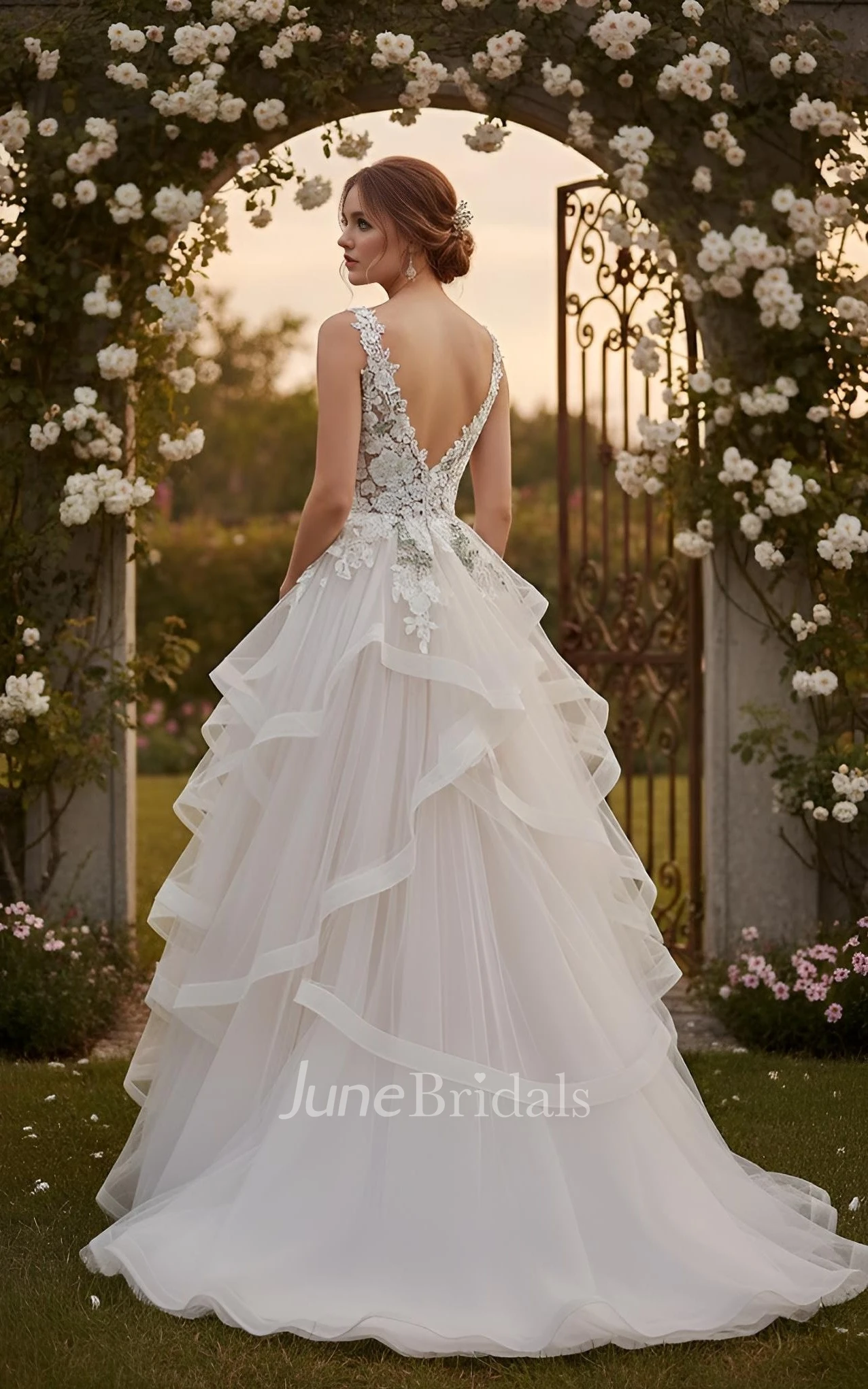Floral Lace A-Line Wedding Dress V-Neck Tiered Ruffle Tulle Garden Gown