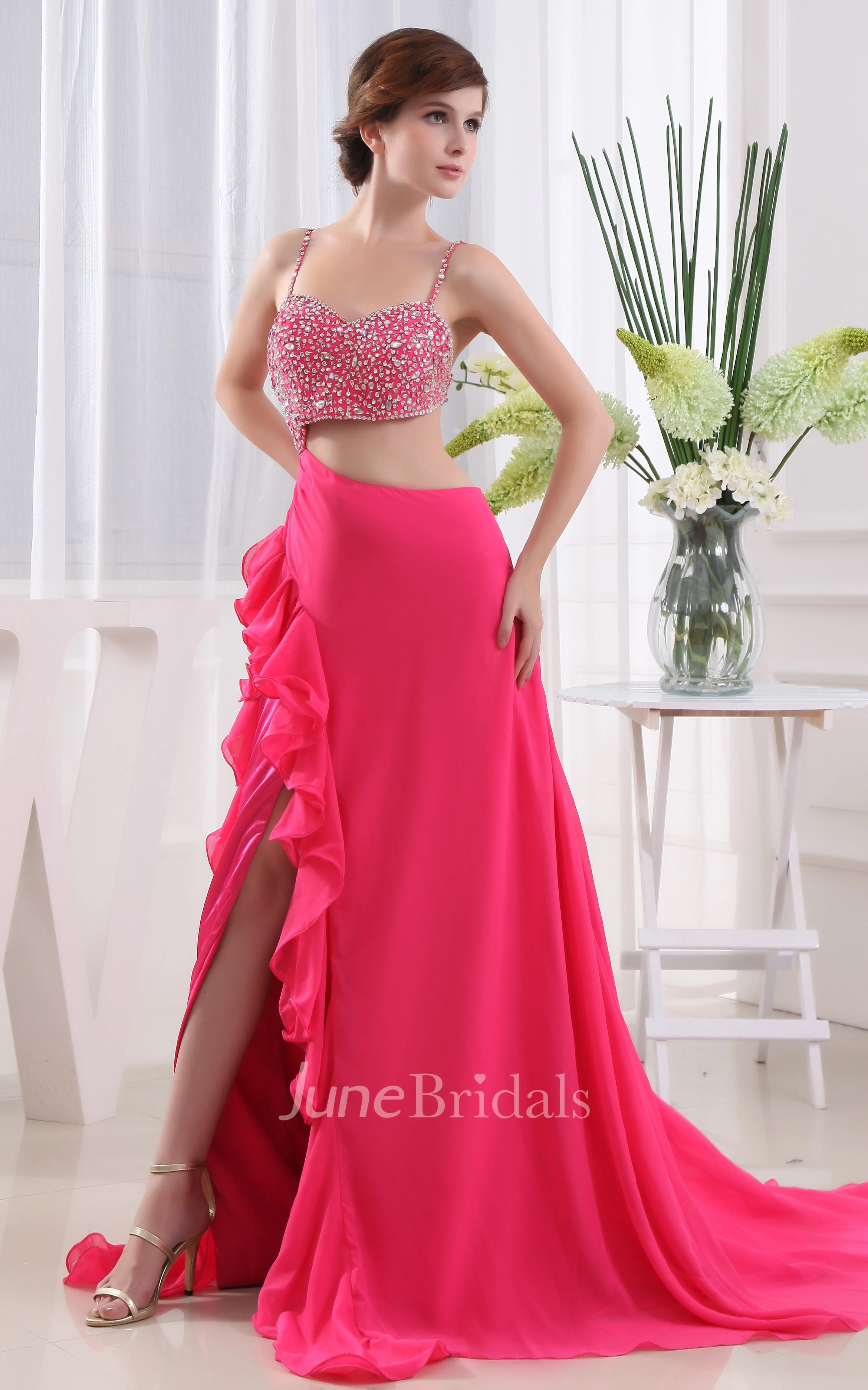 Sleeveless Front-Split Chiffon Dress With Beaded Top and Spaghetti Straps