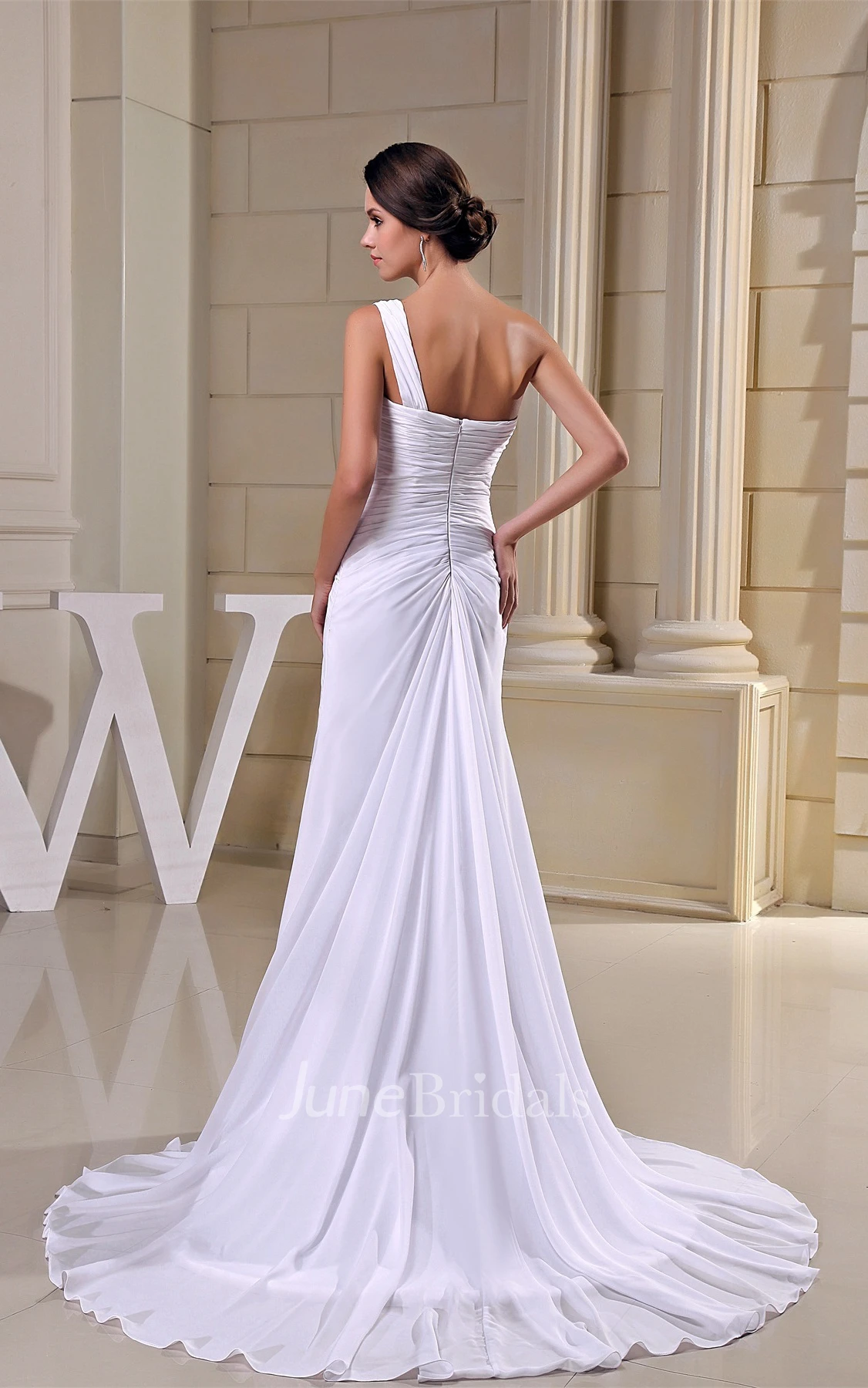 Criss-Cross One-Shoulder Ruched Chiffon Gown with Pleats and Court Train