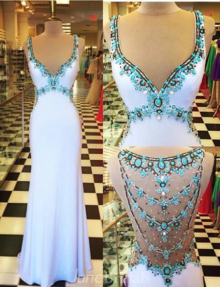 Glamorous Beadings Crystal V-Neck Evening Dress Sleeveless Long Party Gowns