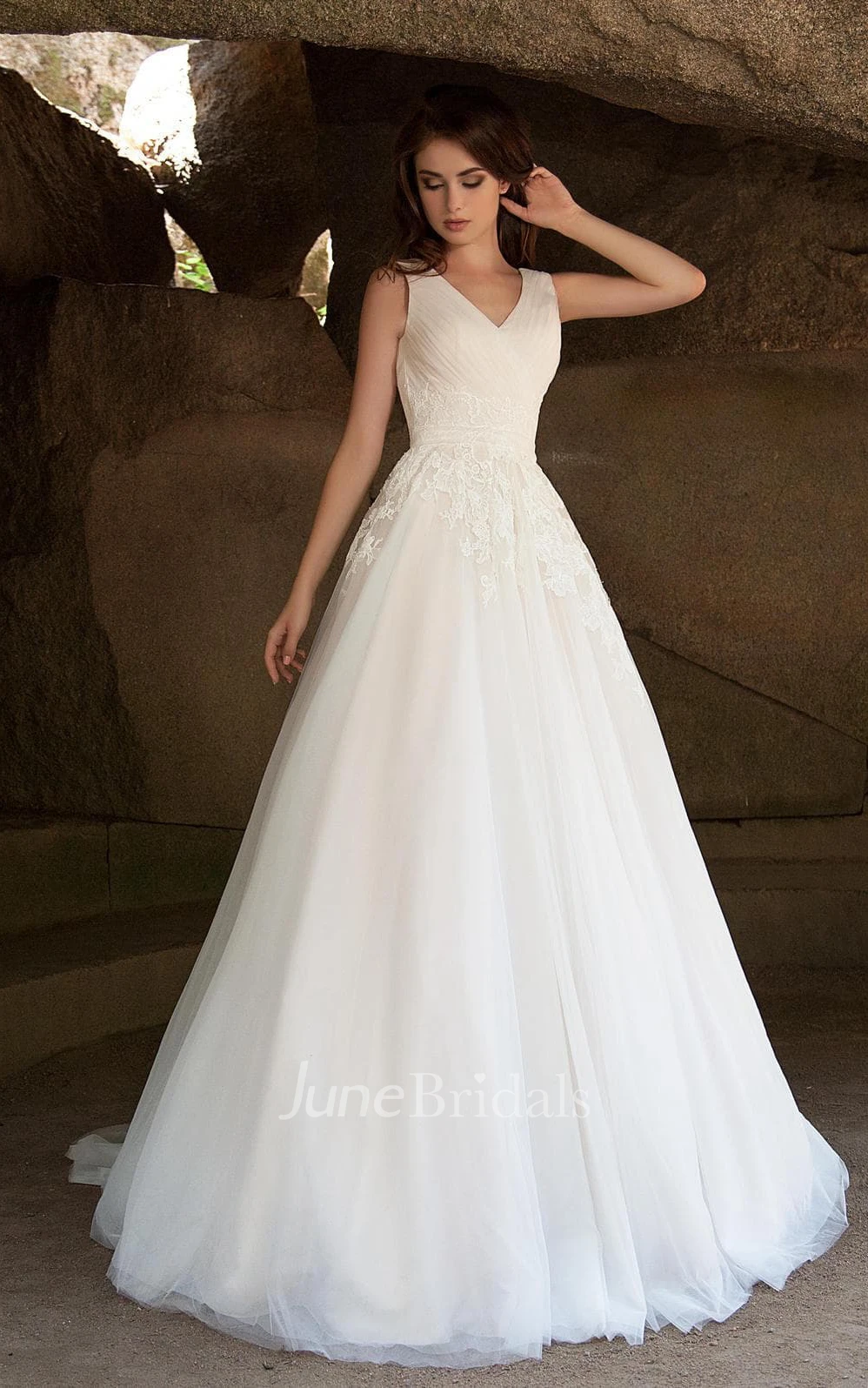 A-Line Floor-Length V-Neck Sleeveless Deep-V-Back Tulle Dress With Ruching And Appliques