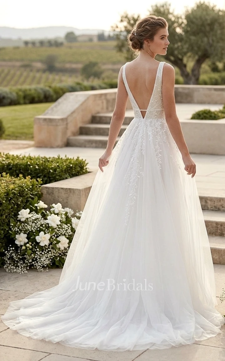 Whimsical Modern A-Line Boho Lace Tulle Spring Wedding Dress Floral Ethereal Plunging Neckline Deep-V Back Sequins Appliqued Bridal Gown