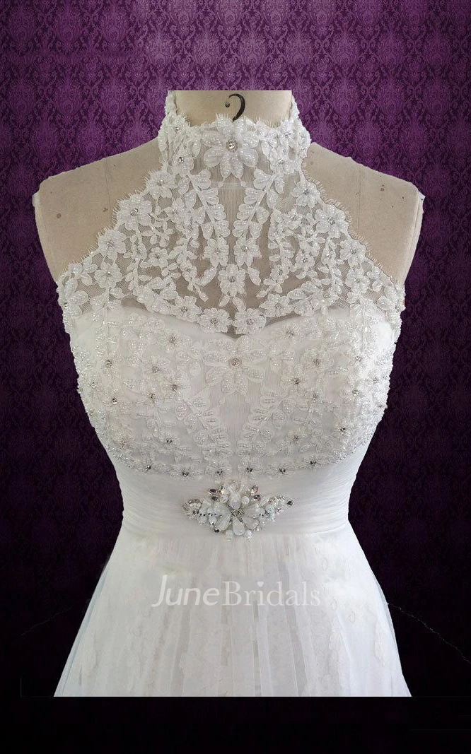 Halter Sleeveless Lace Weddig Dress With Beading And Pleats