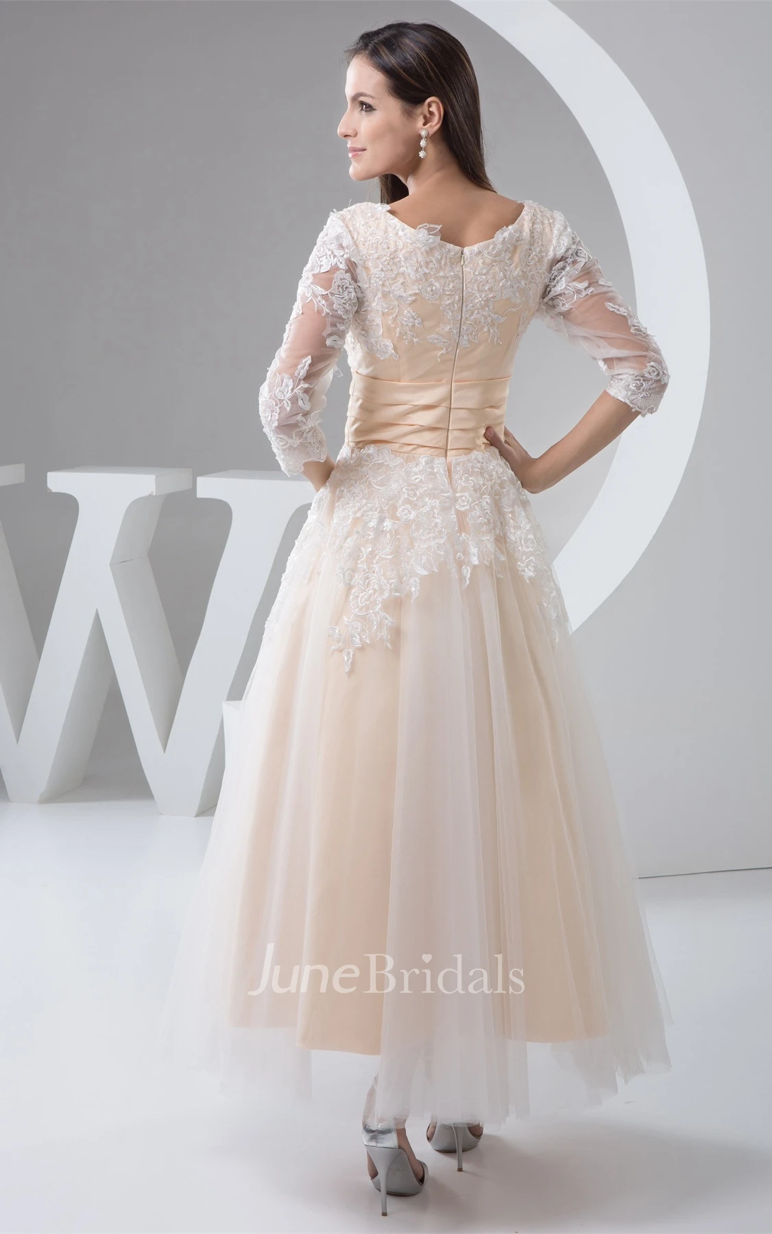 Deep-V-Neck Lace Half-Sleeve Ankle-Length Dress with Pleats