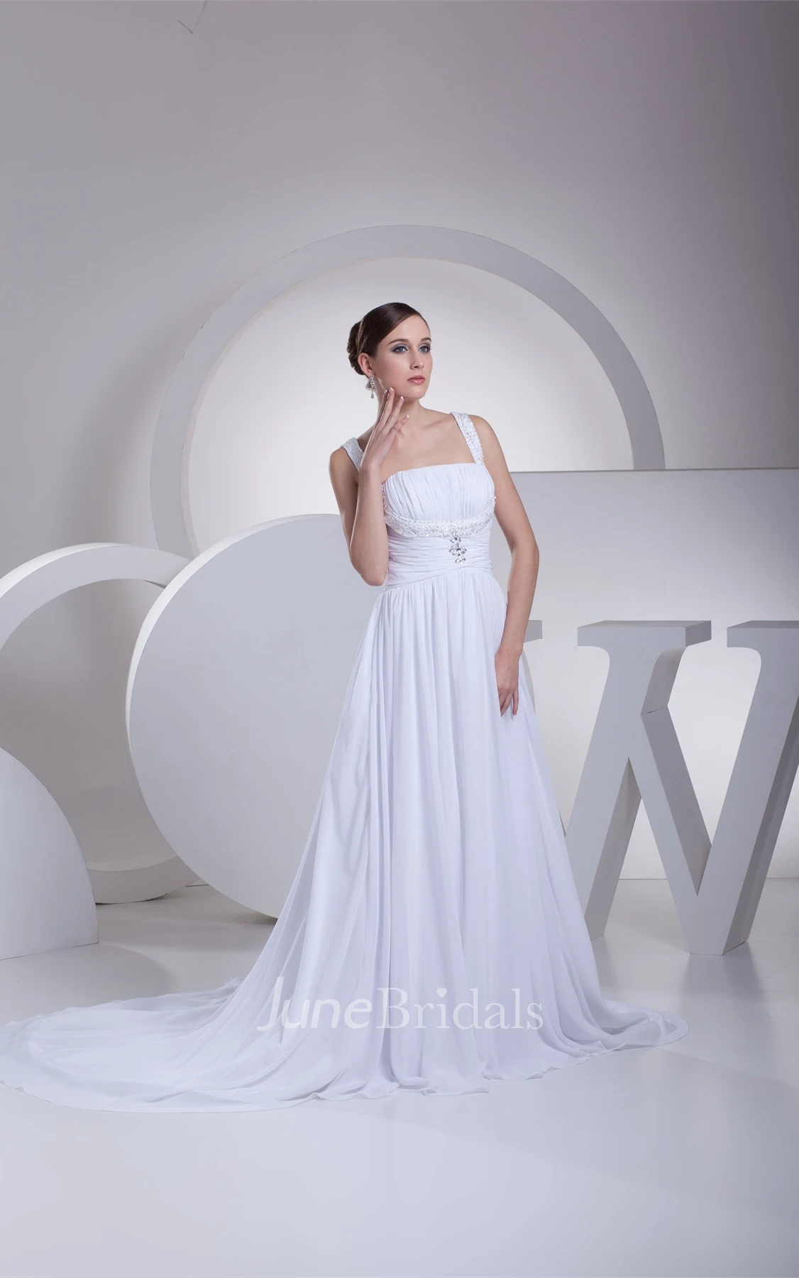 Strapped Chiffon Long Dress with Broach and Pleats