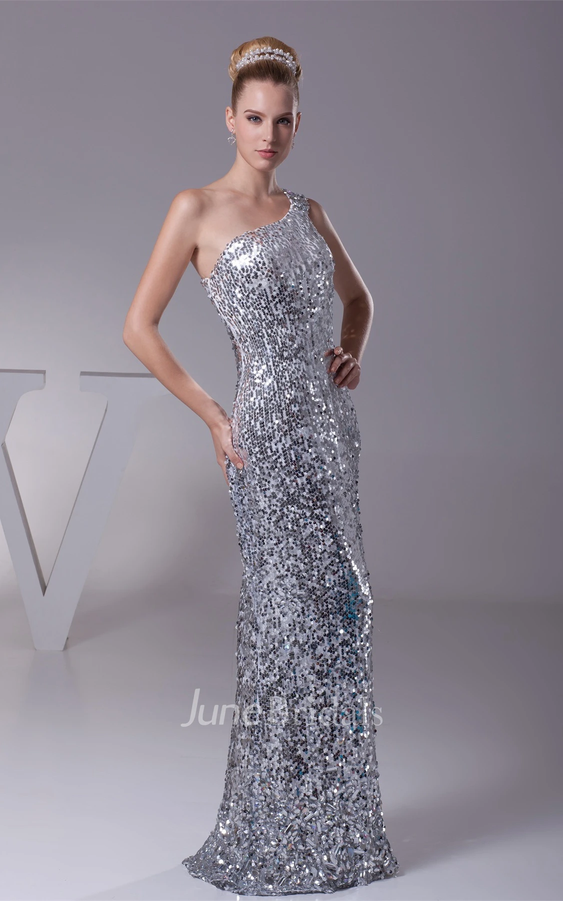 One-Shoulder Sheath Floor-Length Dress with Sequins