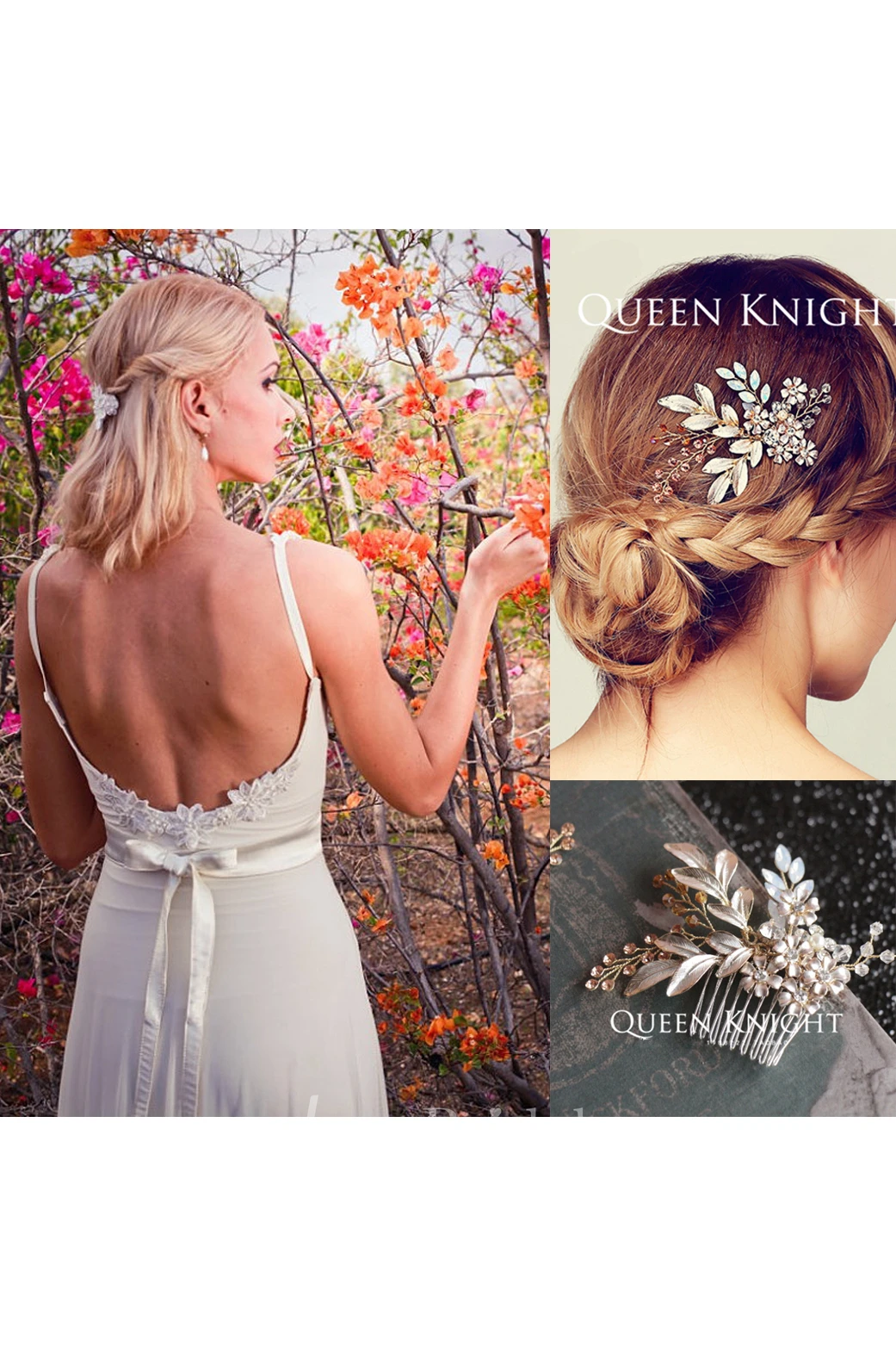 Chiffon Beaded Lace Backless Wedding Dress and Hand-woven Champagne Color Vine Flower Branches Hair Comb