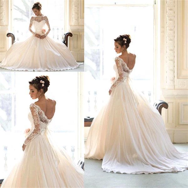 Elegant Long Sleeve Lace Wedding Dresses Princess Chiffon Bridal Gowns