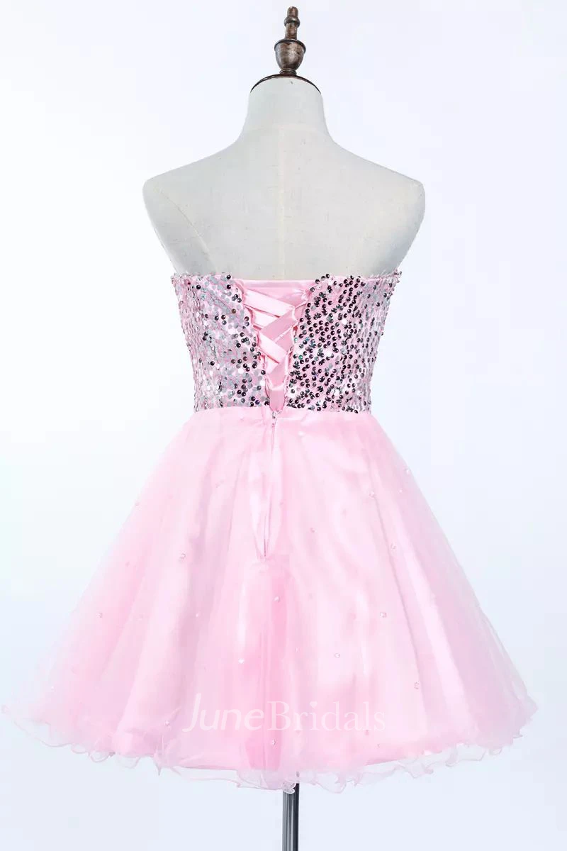 A-line Sweetheart Sleeveless Pleats Sequins Short Mini Tulle Sequins Homecoming Dress