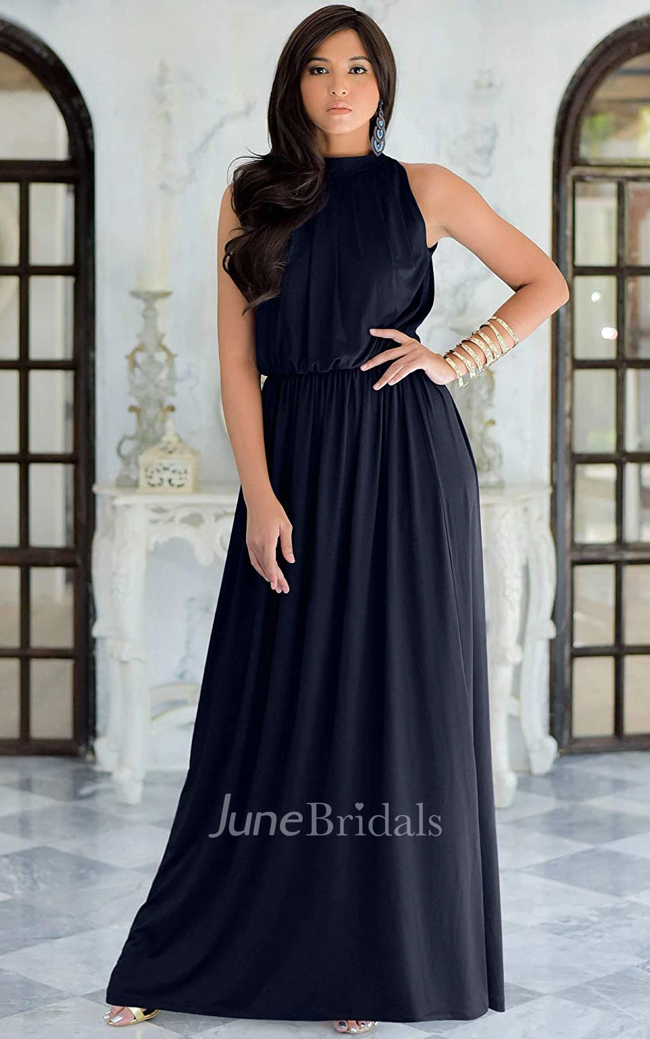 A Line Halter High Neck Chiffon Evening Dress With Ruching