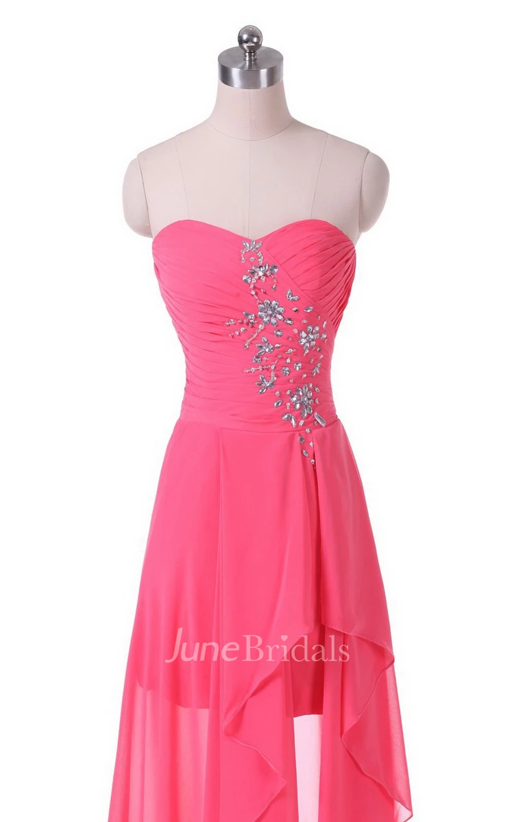 Strapless Front Slit Dress With Draping and Appliques