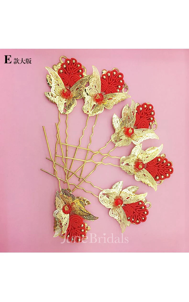 Bride Red Headdress Hair Ornaments Chinese Cheongsam Wedding Accessories Plate Hairpin U-Shaped Clip