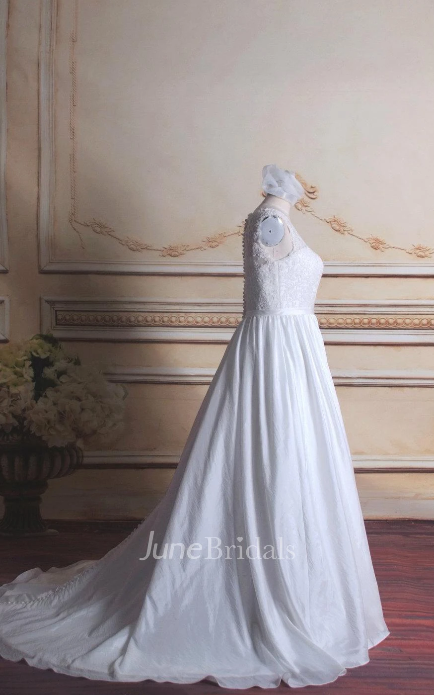 A-Line Cap Sleeve Chapel Train Lace Taffeta Dress With Appliques Button Zipper