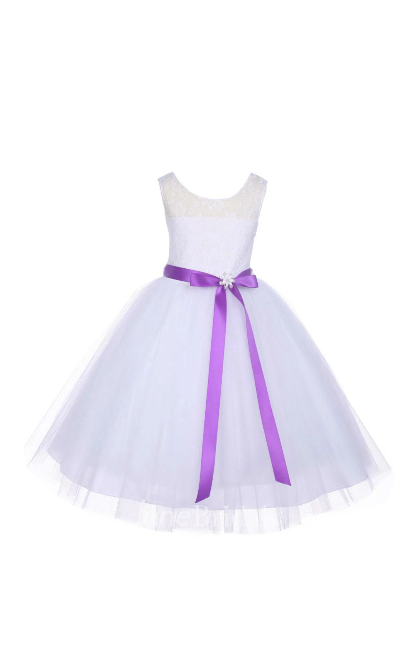 Sleeveless White Lace Bodice Tulle Flower Girl Dress With Ribbon Rhinestones