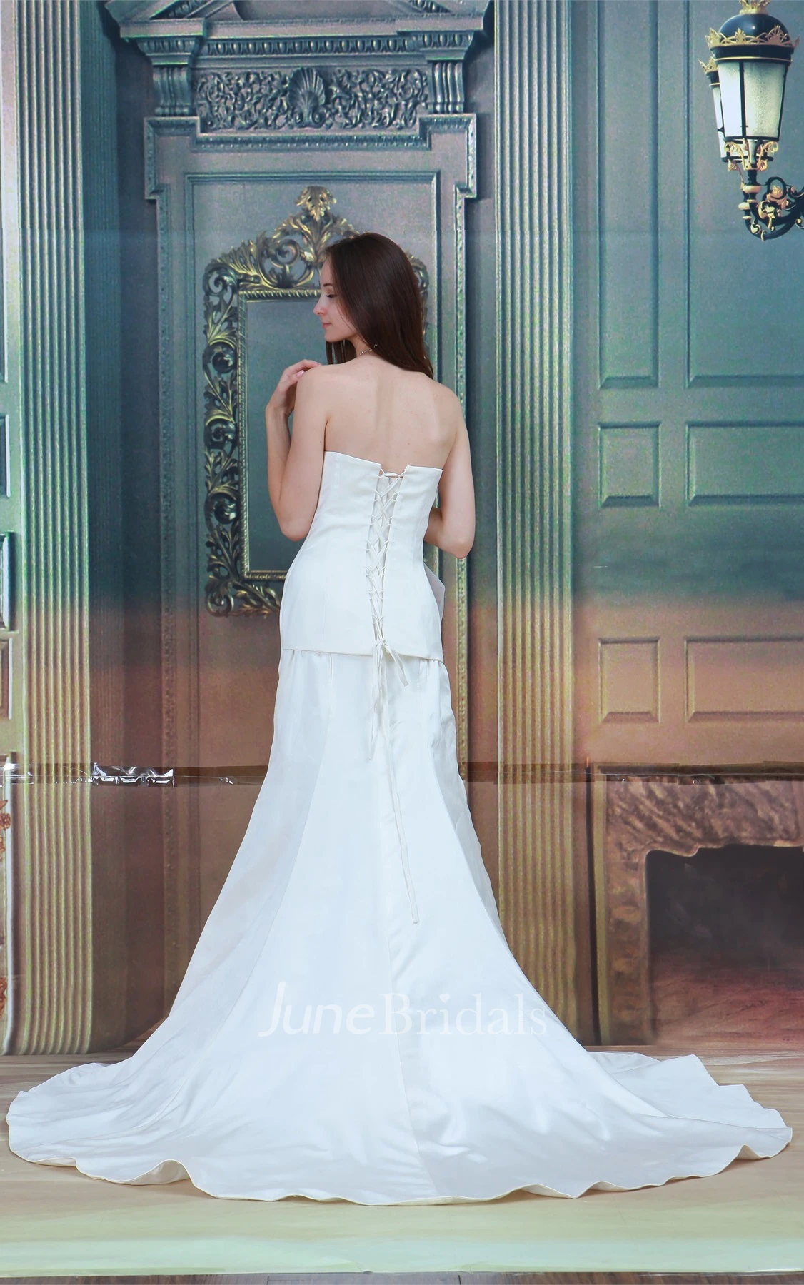 strapless trumpet satin gown with corset back and jeweled top