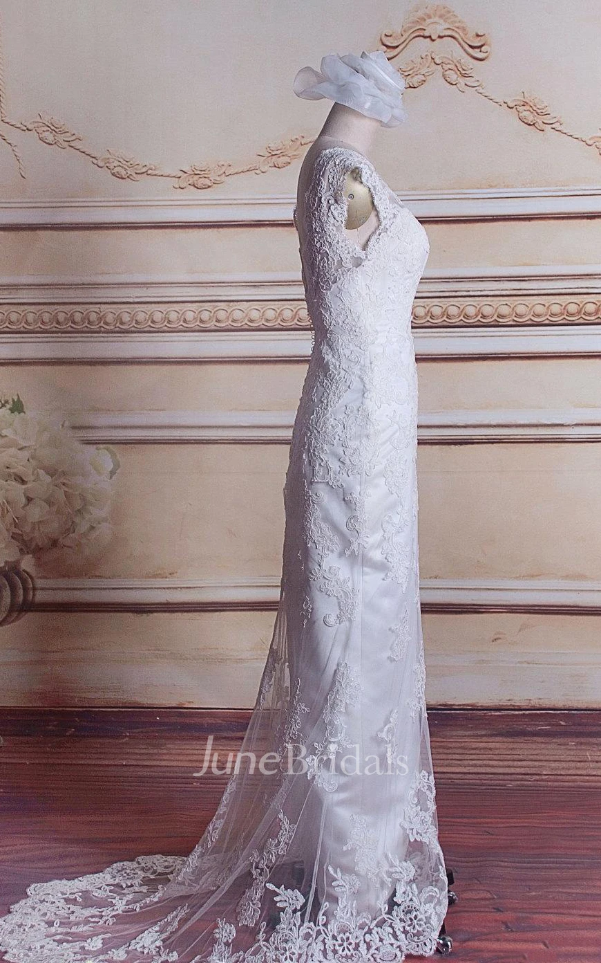 Lace Satin Weddig Dress With Low-V Back