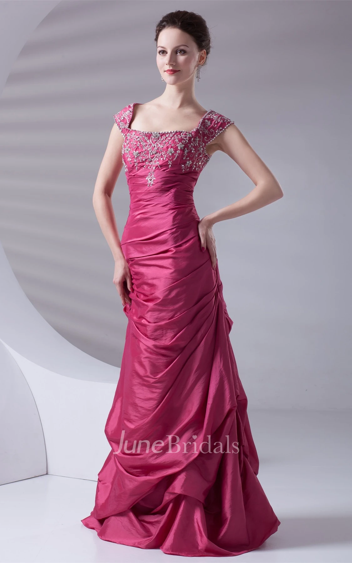 Caped-Sleeve Taffeta Pick-Up A-Line Gown with Embroideries
