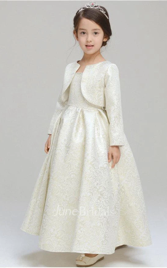 Floor Length Golden Brocade Girls' Communion Classic And Coat Set Dress