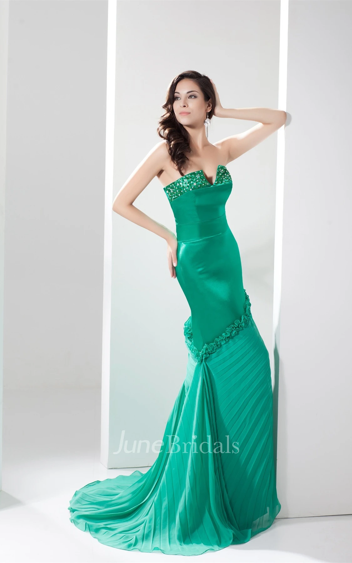 Strapless Notched Maxi Dress with Ruffles and Beading