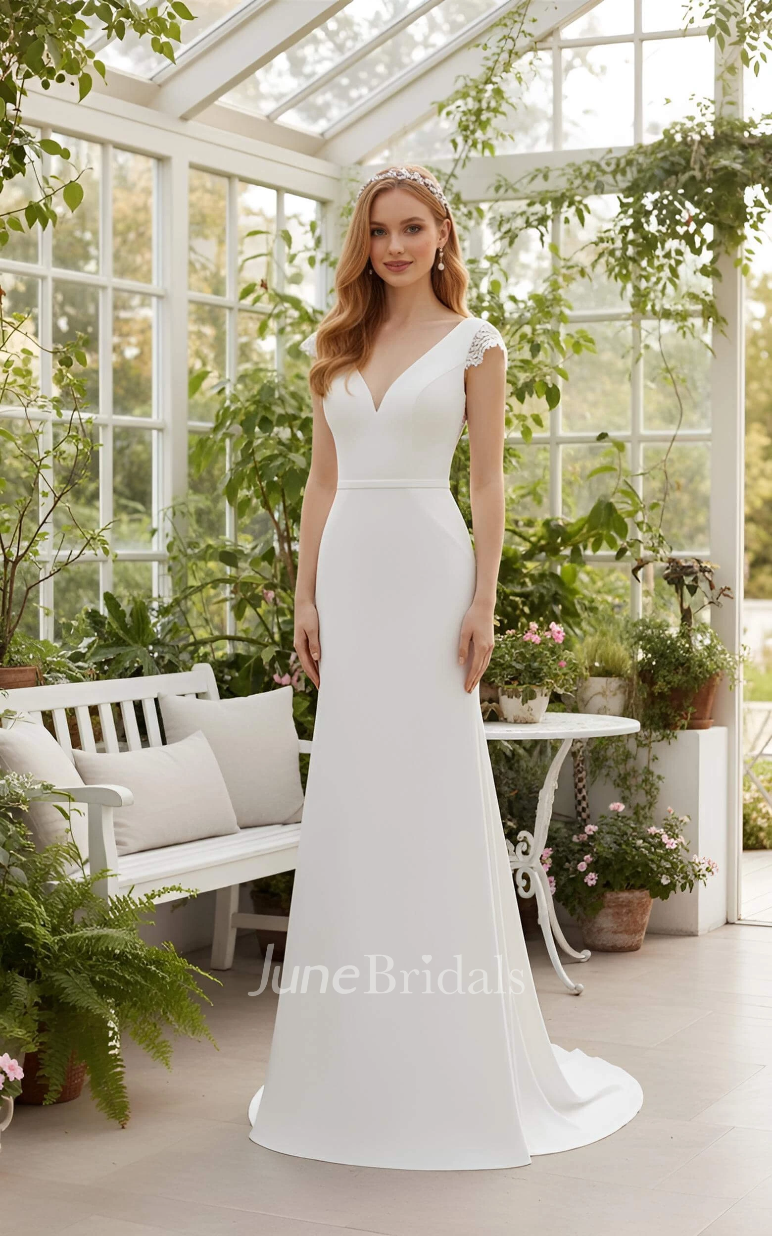 Simple V Neck Lace Cap Sleeve Mermaid Wedding Dress Modern Solid Satin Open Back Bridal Gown