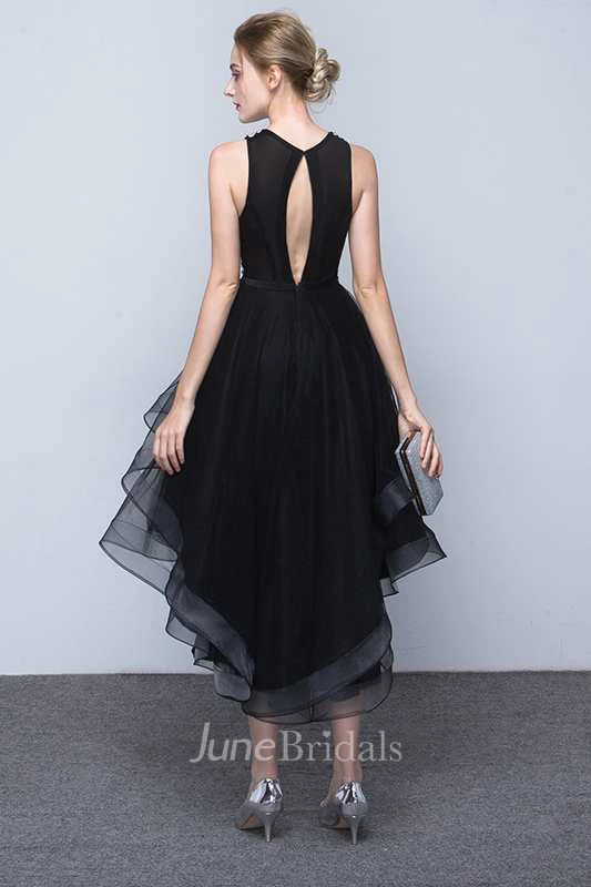 Sleeveless Jewel Neck High Low Organza Dress With Beaded Bodice