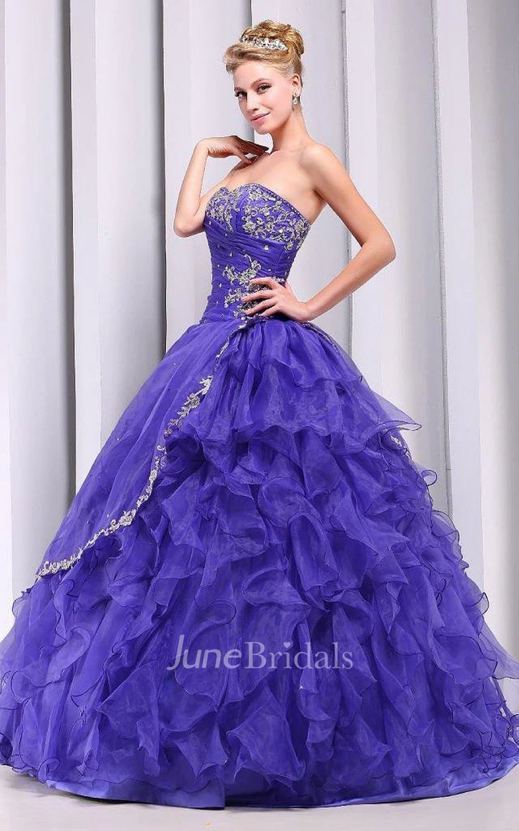 Strapless Ball Gown With Ruffles and Appliques