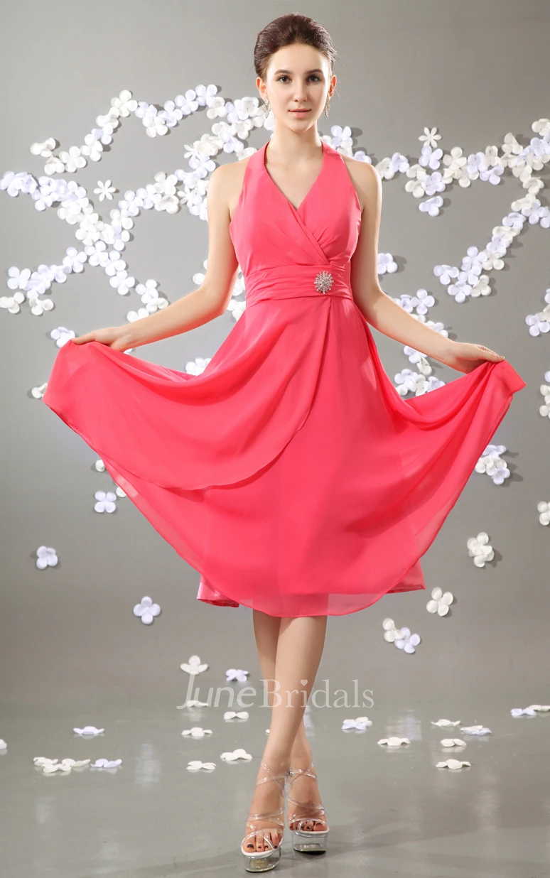 Lovely V-Neck Midi Chiffon Dress With Draping