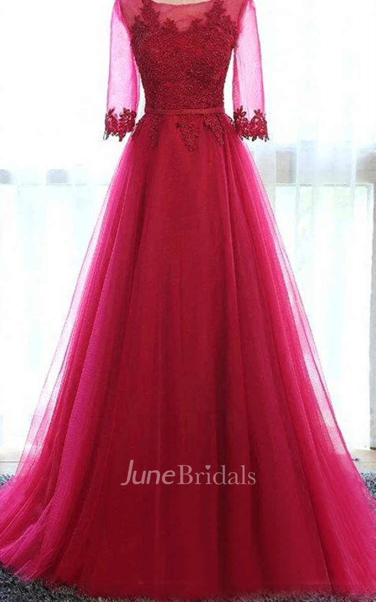 A-line Half Sleeved Tulle And Lace Dress With Beading And Keyhole Back