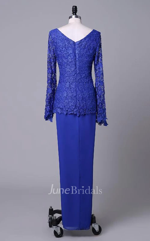 Scoop Neck Long Sleeve Lace And Chiffon Dress