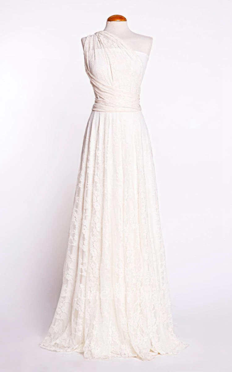 Convertible A-Line Pleated Lace Cap Dress With Bow