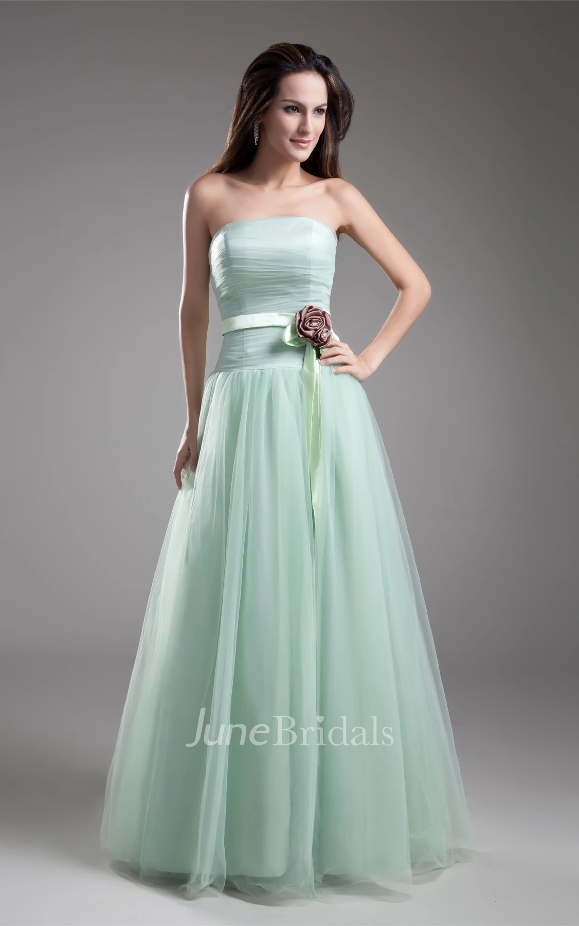 Strapless Chiffon A-Line Gown with Pleats and Flower