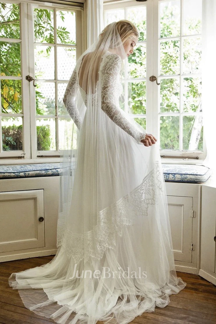 Bohemian A-line Ethereal Open Back Illusion Lace Long Sleeve Jewel Tulle Dress
