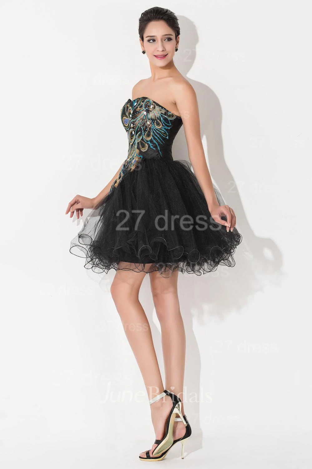 Sexy Black Sweetheart Short Tulle Homecoming Dress Peacock Design