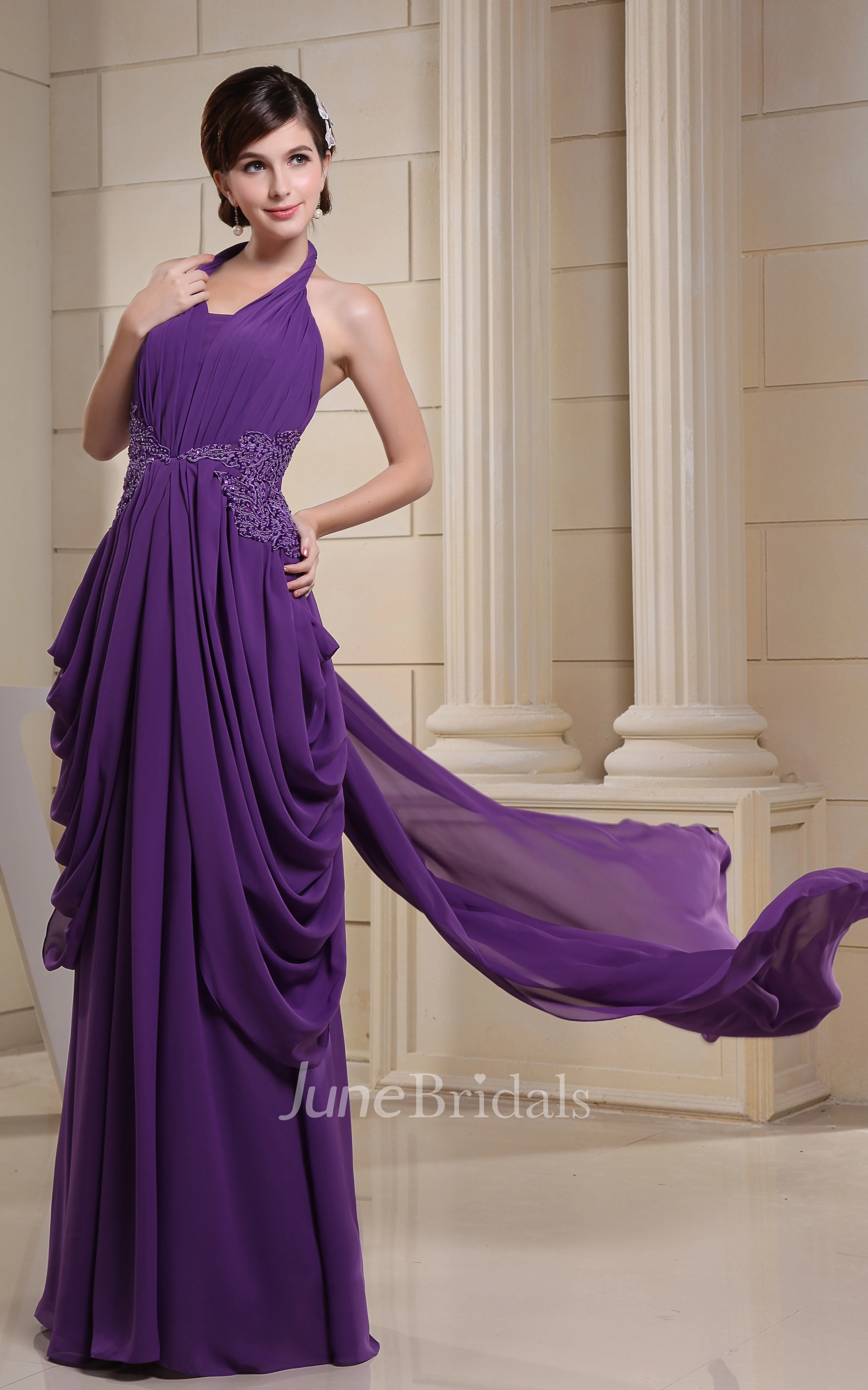 Chiffon Pleated Floor-Length Dress With Halter and Applique