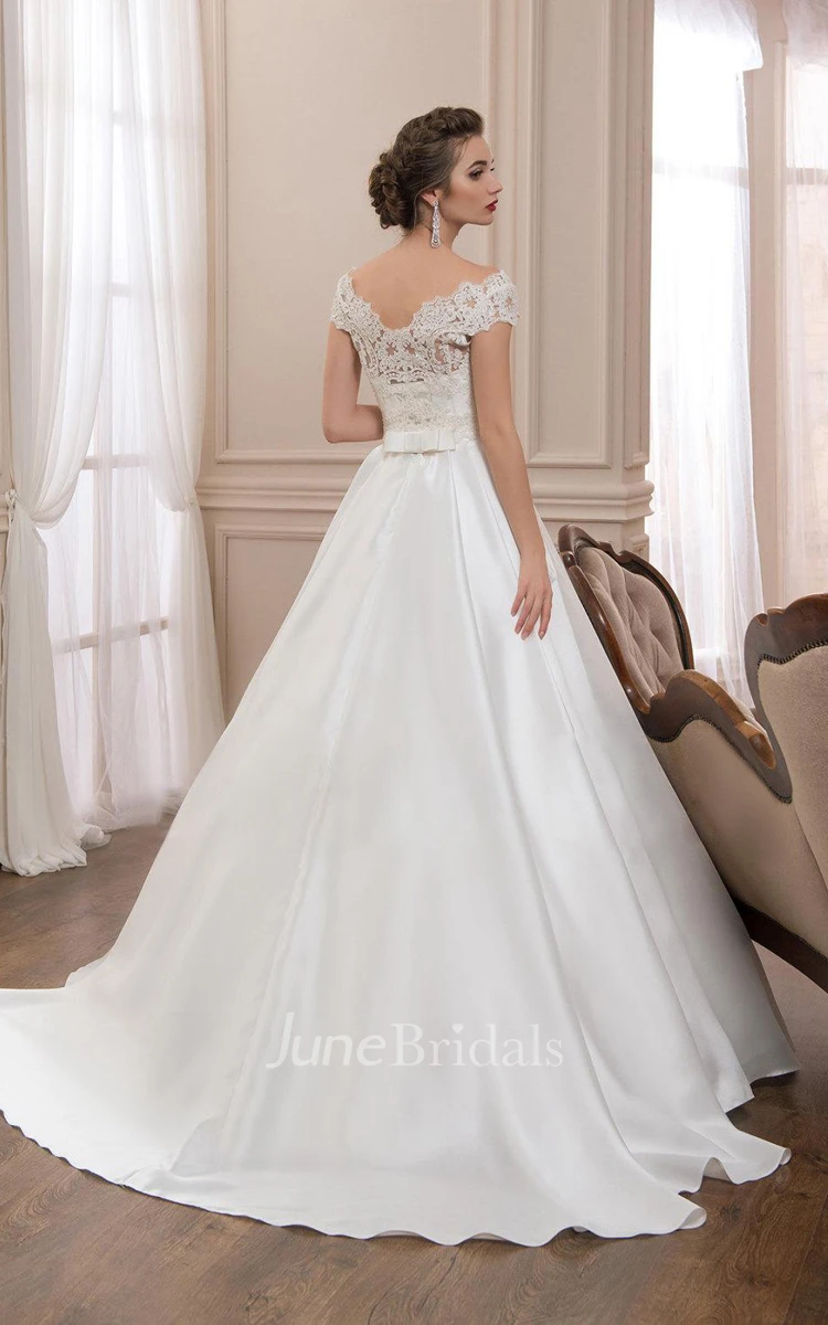 V-Neck Cap-Sleeve Satin A-Line Dress With Low-V Back Back