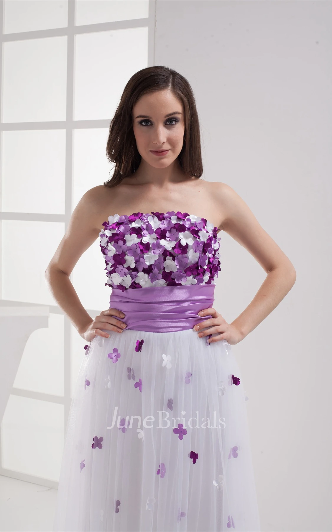 Two-Tone Tulle Floor-Length Dress with Pleats and Floral Top