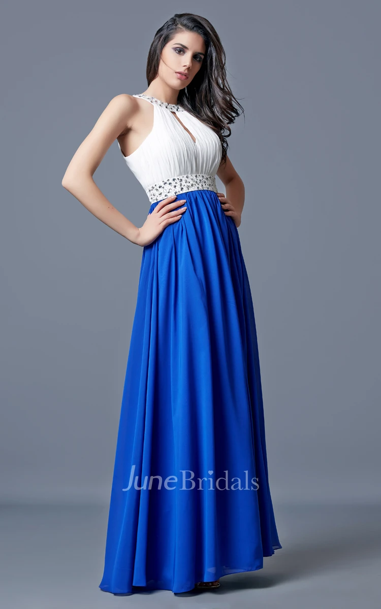 Halter Beaded Long Chiffon Dress With Key-hole