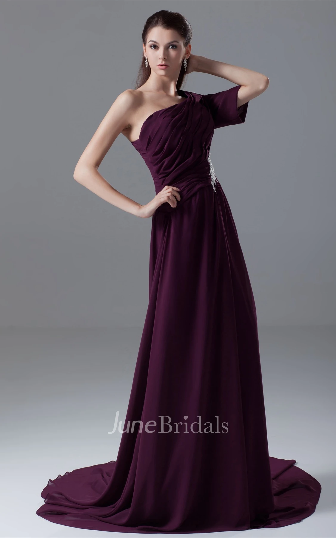 One-Shoulder Chiffon Maxi Dress with Appliques and Sweep Train