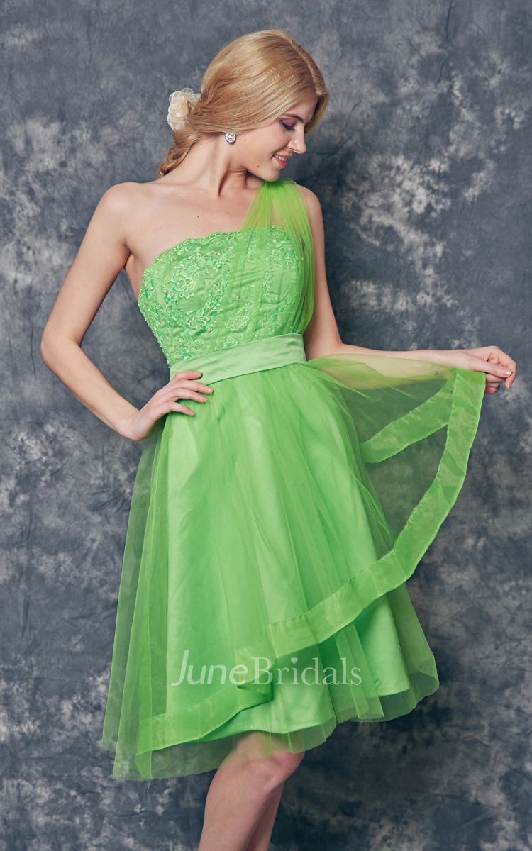 One Shoulder Tiered Short Tulle Dress With Appliques