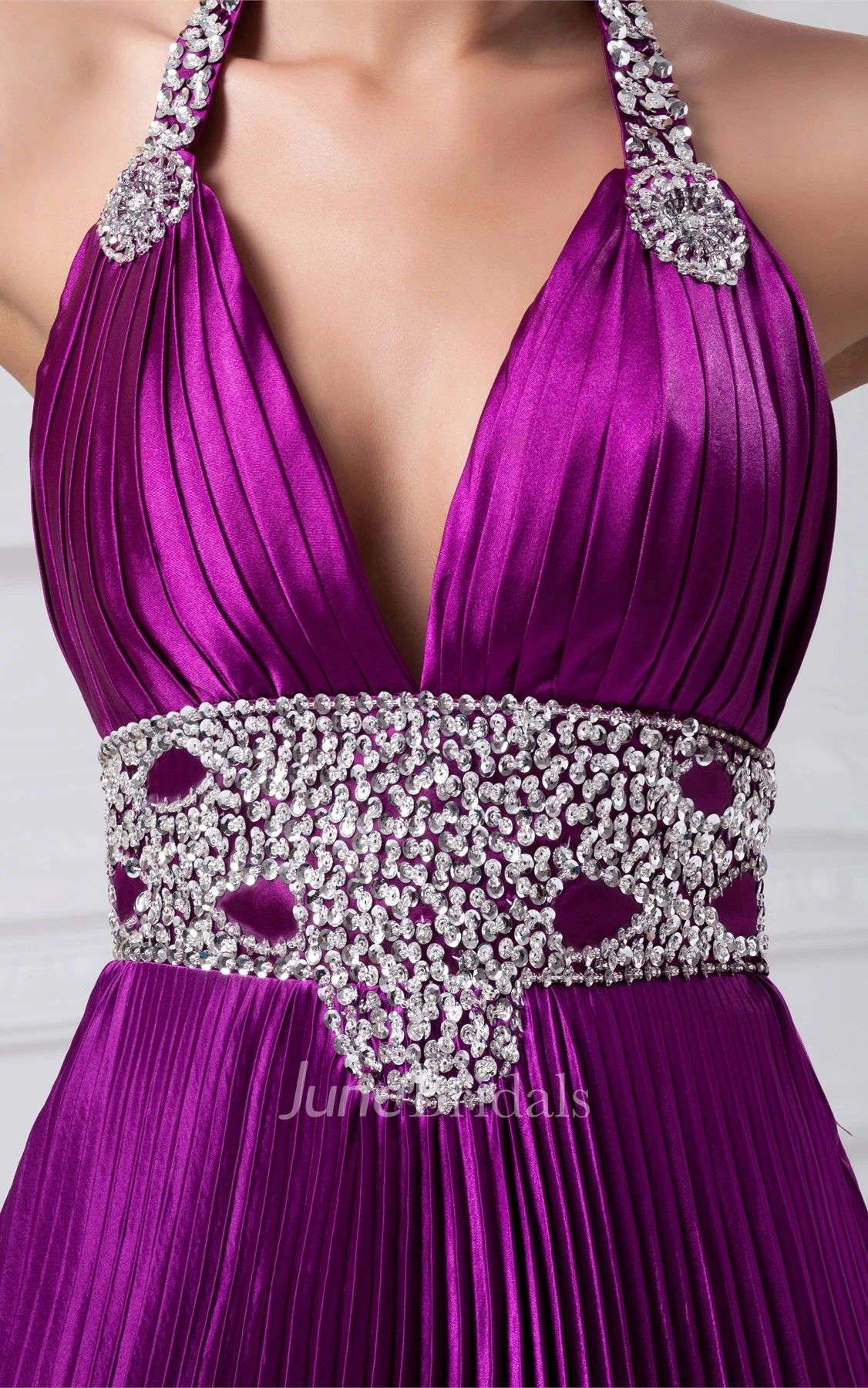 plunged pleated a-line gown with gemmed waist and halter