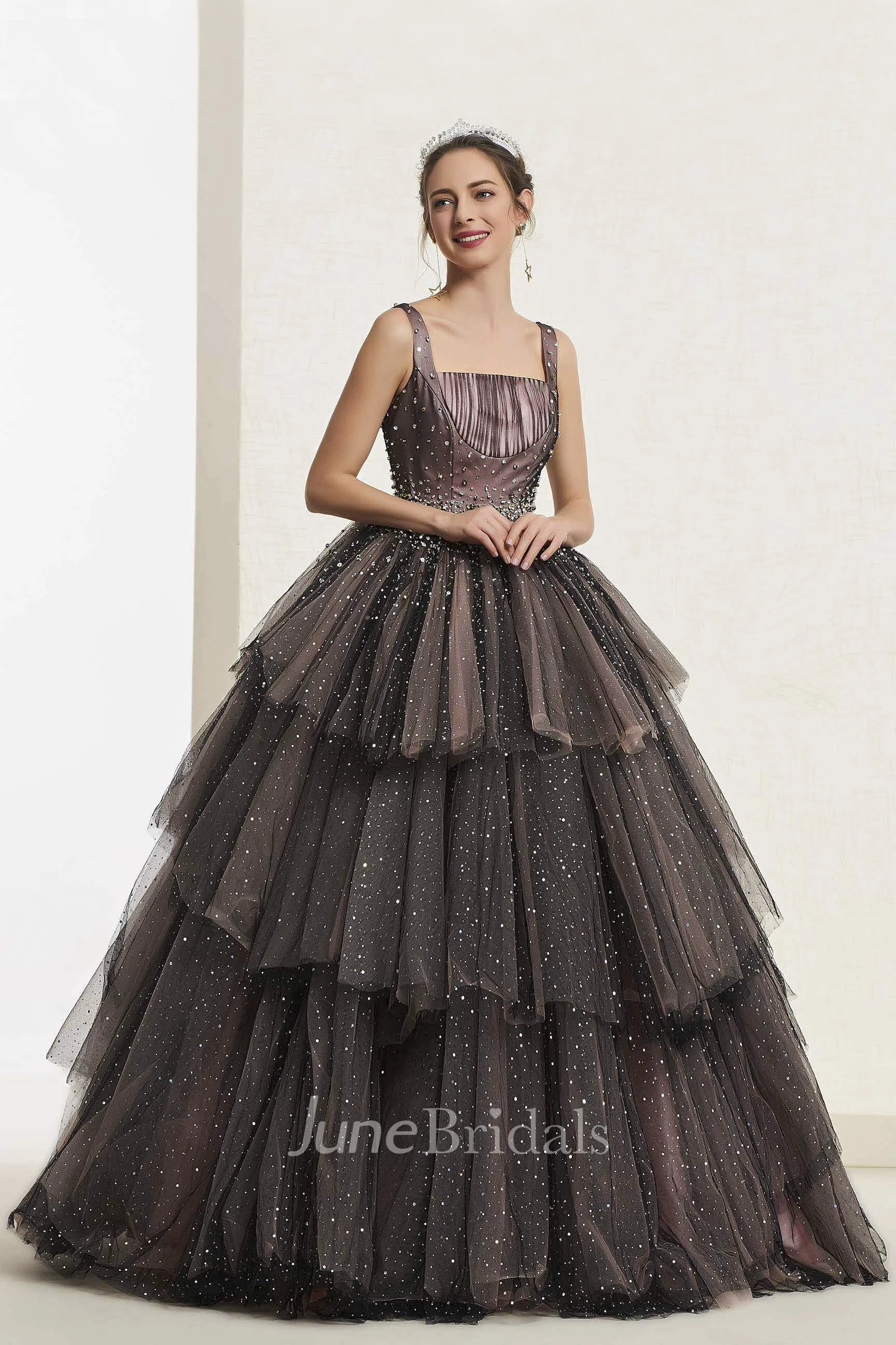 Luxury Vintage Beaded Sleeveless Square Neckline Ballgown With Lace-up And Ruffled Tiers