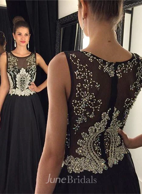 Newest Black Beadings A-line Evening Dress Illusion Zipper Sleeveless