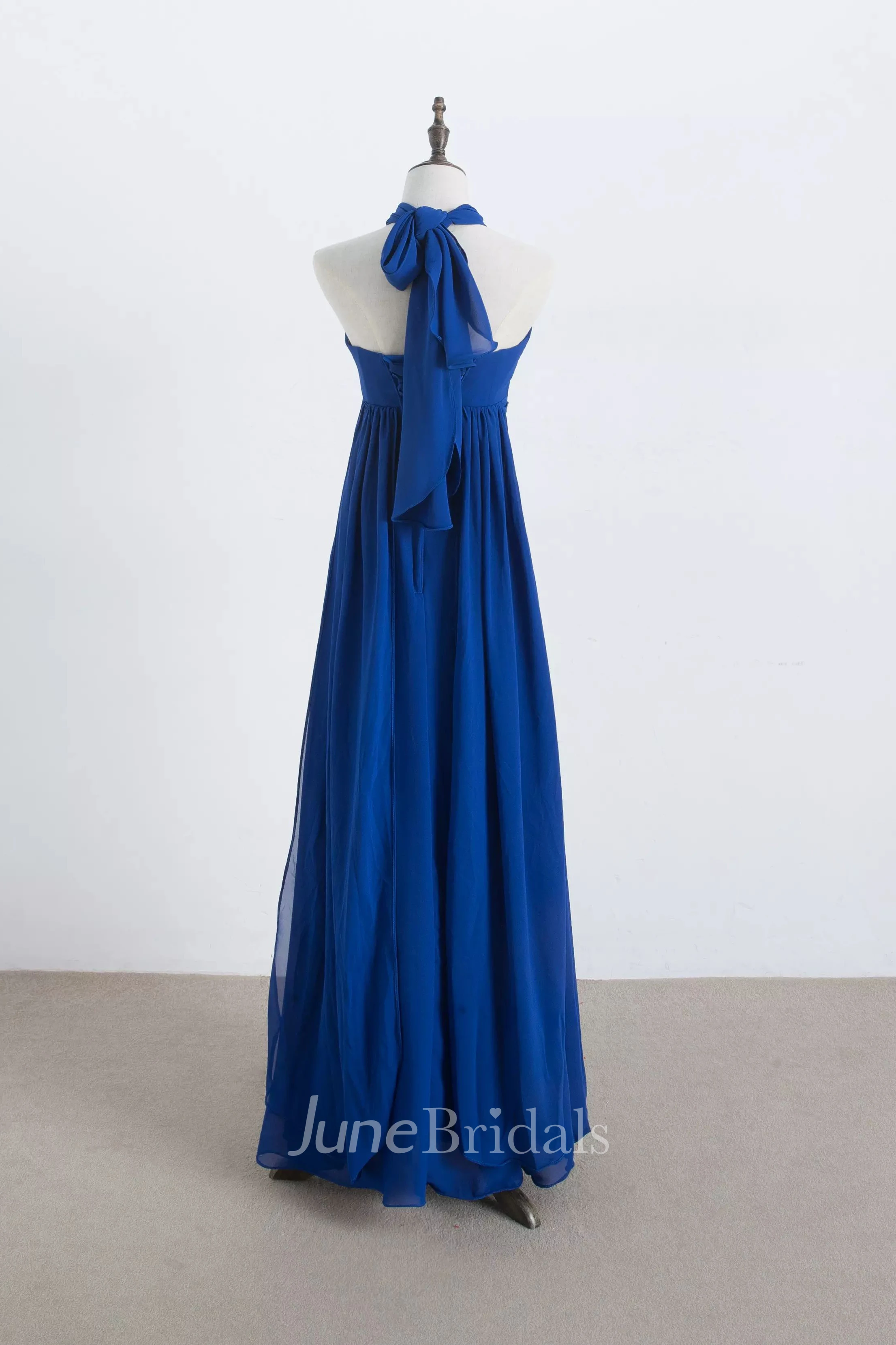 A-line Halter Sleeveless Floor-length Chiffon Bridesmaid Dress with Pleats