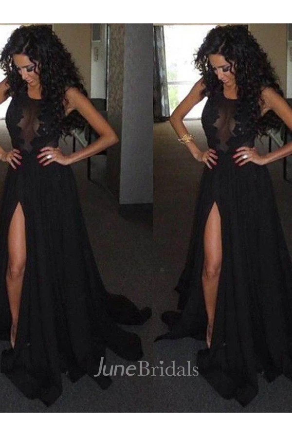 Princess Scoop Sleeveless Satin Chiffon Sweep Brush Train Dress