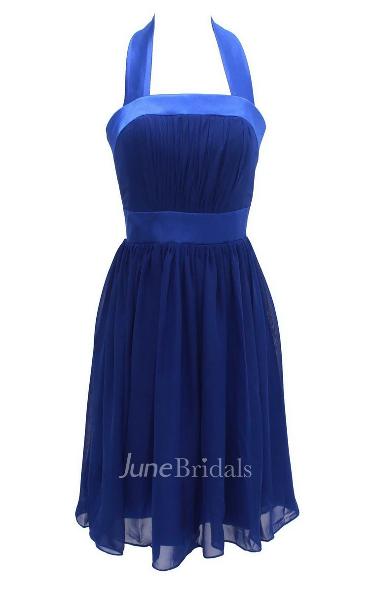 Halter Pleated Chiffon A-line Gown With Satin Band