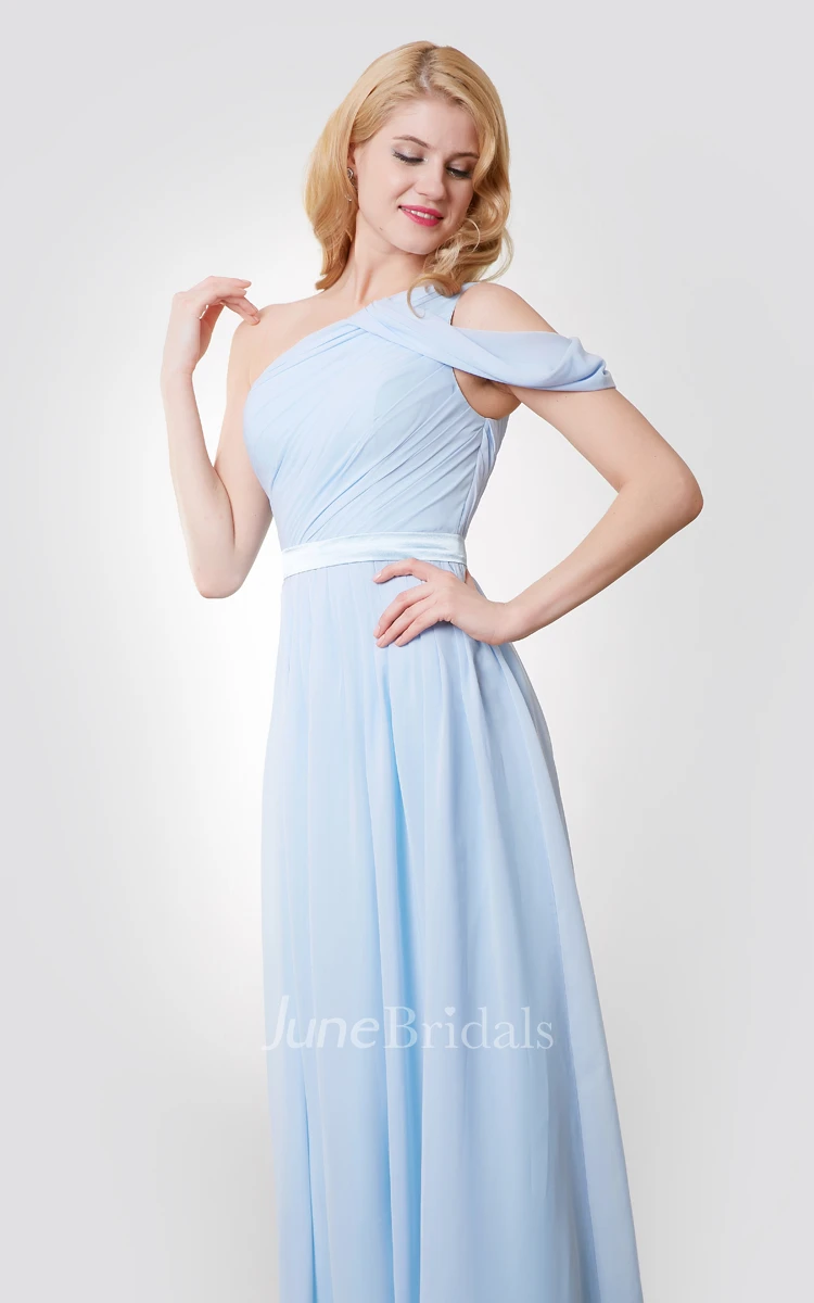 One-Shoulder Ruched Floor Length A-Line Chiffon Dress With Satin Sash