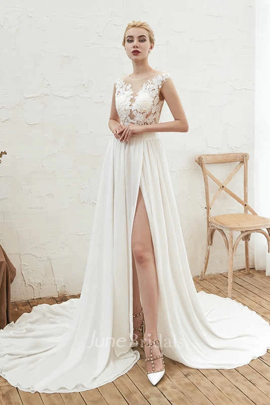 Cap Sleeve Elegant A-line Split Front Illusion Lace Appliqued Chiffon Bridal Gown