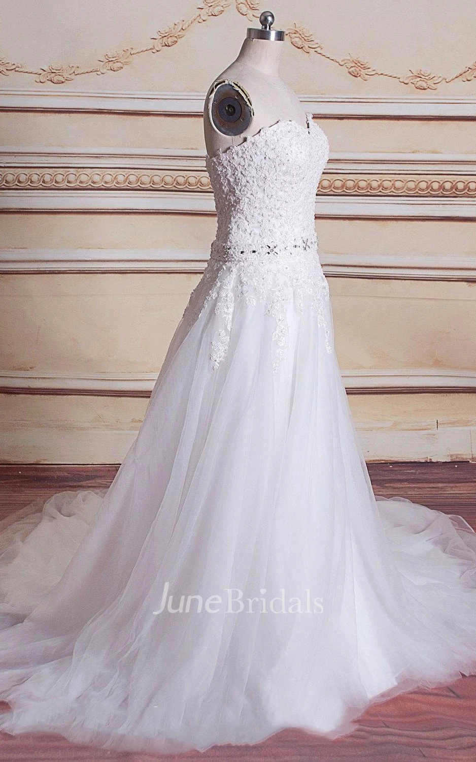 Sweetheart Chapel Train Tulle Lace Satin Dress With Beading Corset Back