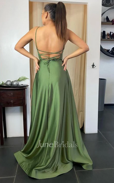 Satin Casual A-Line Spaghetti Formal Dress With Open Back And Split Front